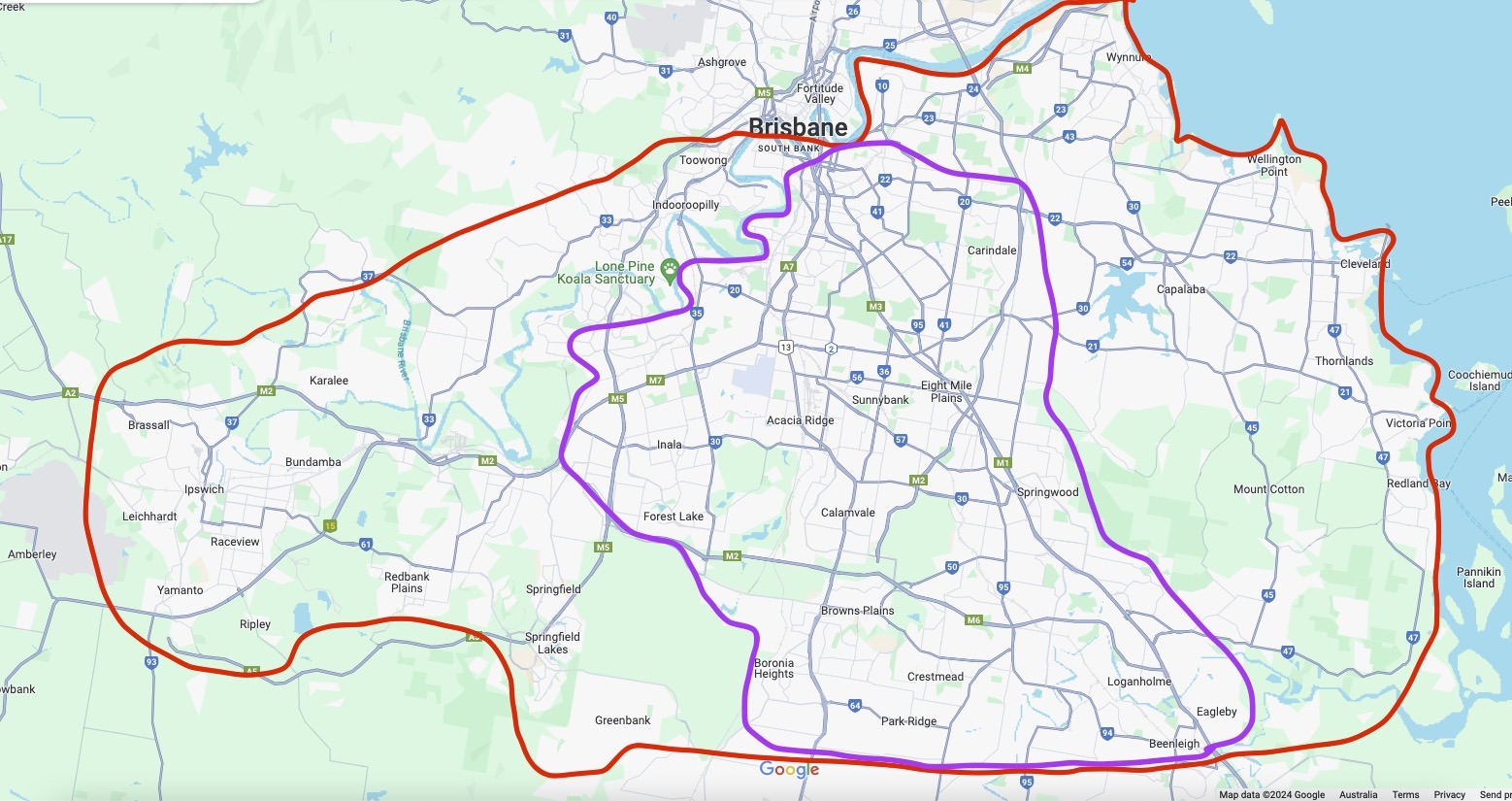 Map of the service area south of the Brisbane CBD. The main catchment, outlined in red, runs from Ipswich in the west to Redlands in the east and down to Beenleigh. The smaller NDIS plan-managed catchment, outlined in purple, runs from Woolloongabba to Beenleigh and from Wacol to Carindale.